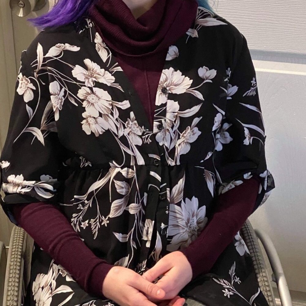 Chiffon, dark floral, button up, duster